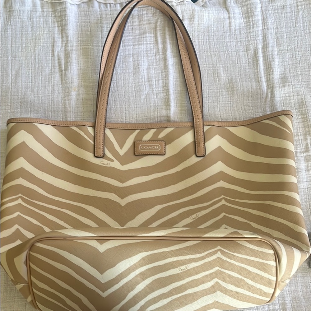 Coach Tan and Cream Geometric Tote Bag